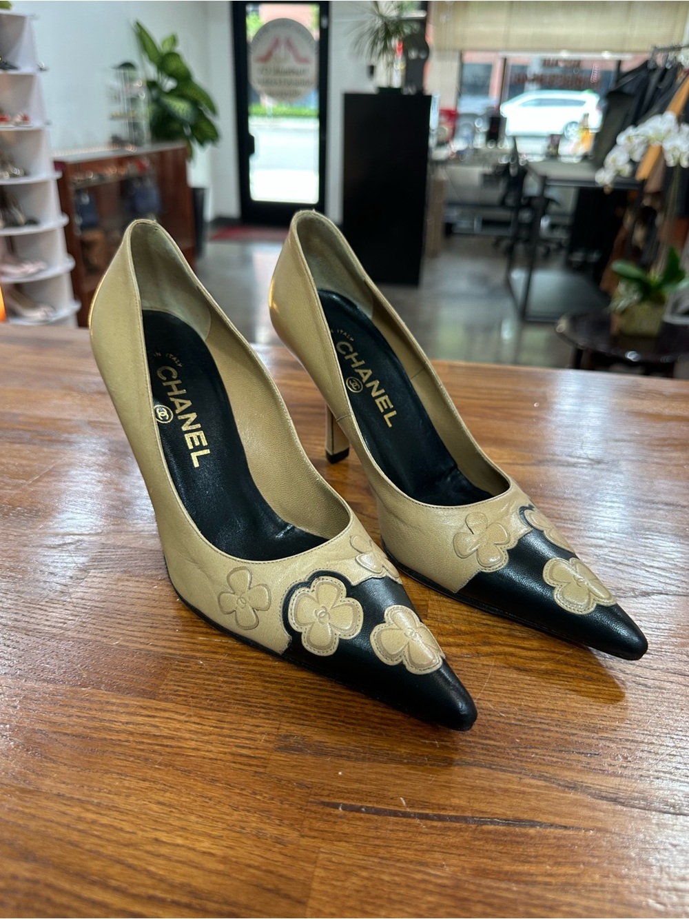 CHANEL Beige and Black Floral Pointed-Toe Pumps